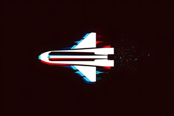 Glitch effect spaceship flies through space leaving a trail of digital debris behind it all 96 char