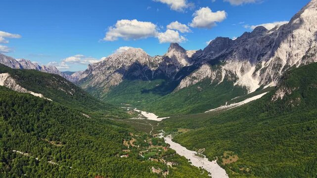 Scenic drone video of the majestic Albanian Accursed Alps from Valbona Valley, Albania, Europe	
