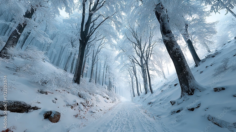 Poster a path lined with towering trees and blanketed in snow, surrounded by an enchanting forest landscape