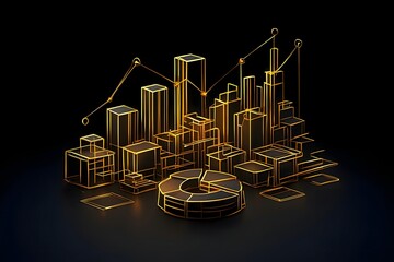 Golden city skyline with financial data representation on a dark background design