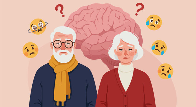 Elderly couple facing memory loss and confusion with brain and emotional icons around