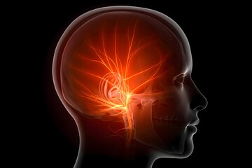 Headache pain concept illustration of a human head with bright red pain radiating from the ear area
