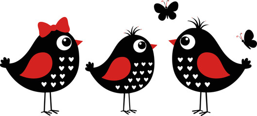 Three stylized birds with red accents stand in a row against a black background