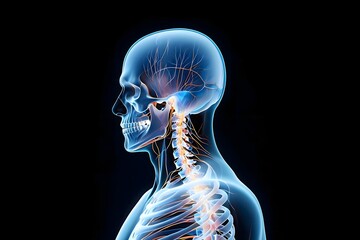 Human anatomy illustration showing the skull and spinal cord on a black background