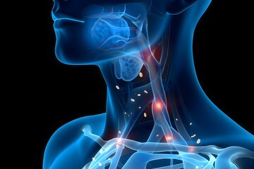 Human anatomy neck veins and arteries with inflammation and particles visible in blue tones