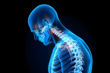 Human anatomy showing neck pain and spine problems with blue color on a black background image