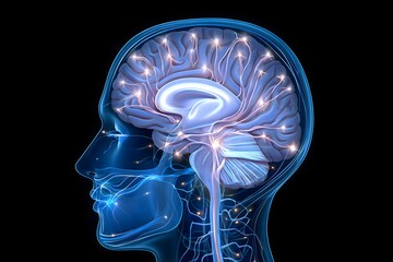 Human brain anatomy with neural connections depicted in a blue and black illustration