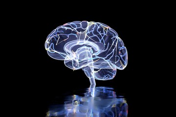 Human brain illuminated on black background with abstract reflection surface art design concept