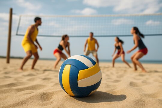 Close-up of beach volleyball on sand with blurred group of players in action near net, sunny day outdoor sports scene captured in natural realistic style. Ai generative