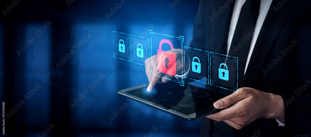 Poster digital security concept illustrating a cybersecurity breach, with a red unlocked padlock indicating