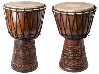 Traditional african djembe drum with wooden body and goat skin head, handcrafted musical instrument isolated on transparent background