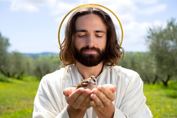 Jesus christ holding a bird in his hands with a halo on a sunny day in the countryside