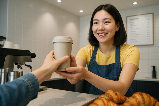 Barista in yellow shirt and denim apron smiling while handing reusable coffee cup to customer at cozy modern cafe counter with croissants on display. Ai generative