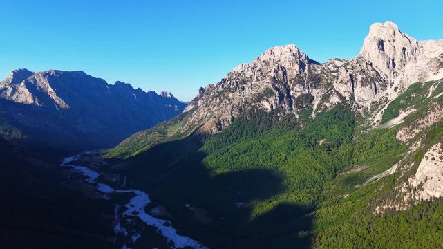 Scenic drone video of the majestic Albanian Accursed Alps from Valbona Valley, Albania, Europe	
