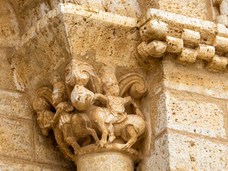 Romanesque capital with horsemen at the Church of San Martin de Tours in Fromista, Spain.