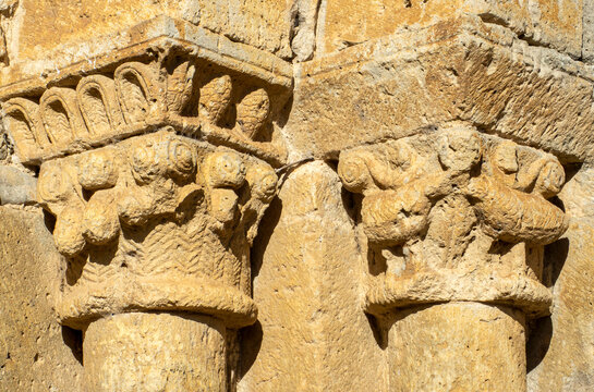 Romanesque capitals with carvings at the Church of San Fructuoso in Valoria de Alcor, Palencia, Spain