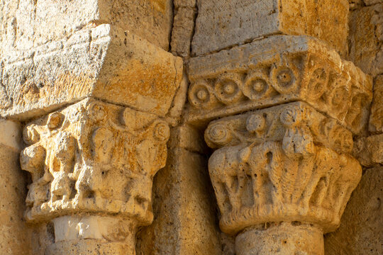 Romanesque capitals with zoomorphic and geometric carvings at the Church of San Fructuoso in Valoria de Alcor, Palencia, Spainr