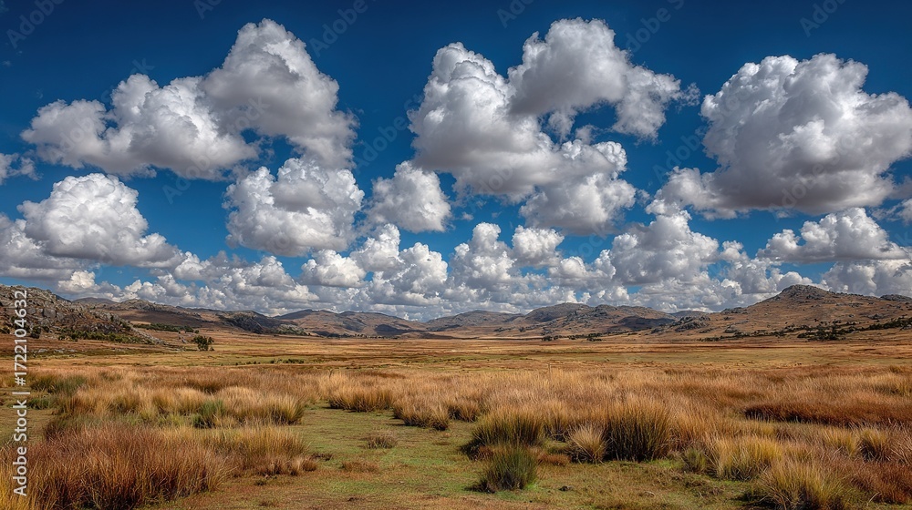 Poster a vast open space with towering mountains in the background and cloudy skies above them