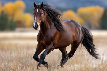 Bay Horse Running in Autumn Field