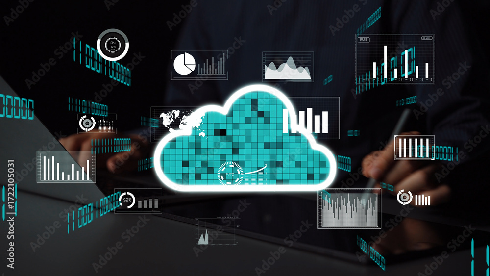 Leinwandbilder a visual representation of cloud computing with data graphs and analysis elements in a modern worksp