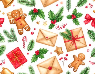Festive Christmas pattern with gingerbread men, gifts, envelopes, and holly