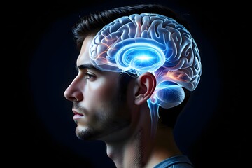 Man with illuminated brain showing intelligence and cognitive function representation idea concept art design