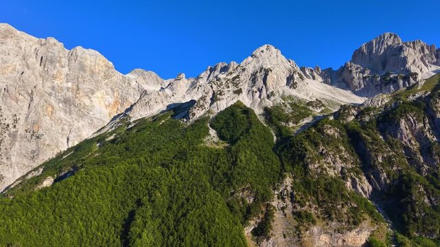 Scenic drone video of the majestic Albanian Accursed Alps from Valbona Valley, Albania, Europe