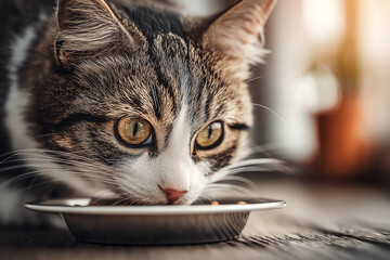 Naklejka premium A close-up of a tabby cat focused on its food bowl. Symbolizes domestic comfort, instinctual focus, and the simple joy of a meal.