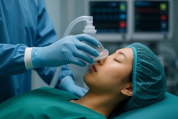 Female patient receiving anesthesia through oxygen mask before surgery in operating room with medical staff wearing protective gloves and scrubs. Ai generative. Ai generative
