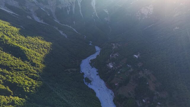 Scenic drone video of the majestic Albanian Accursed Alps from Valbona Valley, Albania, Europe	
