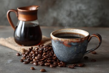 Savoring freshly brewed coffee served in a rustic cup alongside a stylish coffeepot and scattered coffee beans in a cozy setting