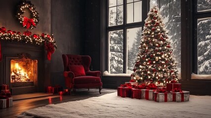 A cozy Christmas living room with a fireplace, a decorated tree, and gifts, snow falling softly, and a blazing fire. A perfect backdrop for New Year's and Christmas celebrations, cozy winter evenings - Powered by Adobe