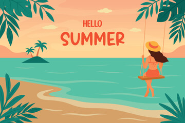 Hello Summer Poster with Woman on Swing by Sea, Vector Illustration. Tropical Beach Landscape with Palm Leaves, Ocean View. Summer Vacation Banner Design for Travel, Holiday, Resort, Seasonal Concept