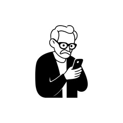 Elderly man squinting at smartphone, representing difficulty of seniors using modern technology.
