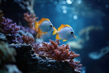 Obraz premium Colorful tropical fish swimming among vibrant hard corals in clear blue water showcasing the beauty of underwater life in a coral reef ecosystem