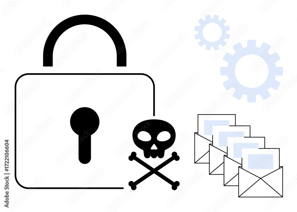 Poster padlock symbolizing cybersecurity, skull for malware, multiple emails, and gears for processes. idea