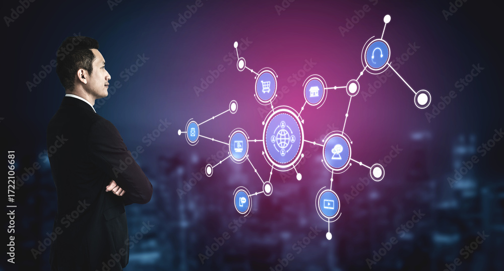 Poster a businessman stands thoughtfully in front of a digital network interface, showcasing technology con