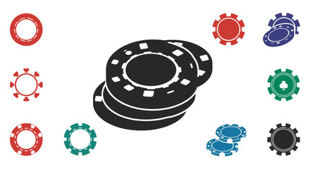 Colorful casino chips arranged in a variety of stacks and single pieces