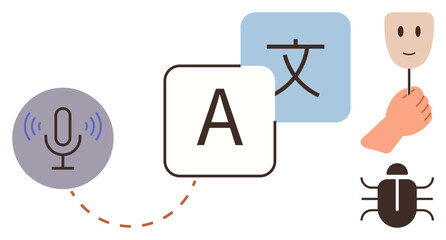 Microphone for audio input, text blocks symbolizing language translation, person holding a mask, bug icon. Ideal for AI, translation, communication, recognition, debugging identity simplicity