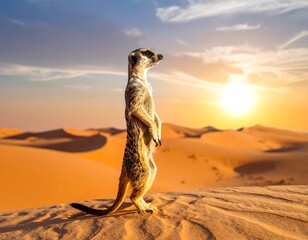 Meerkat standing tall in desert sunset