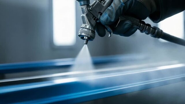Close‑up of gloved hand with pneumatic spray gun coating a long metal edge, blue mist and overspray in cool workshop light; spray painting safety, metal finishing guide, overspray control tips