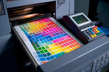 A color swatch is being printed on a large machine. The swatch displays a variety of vibrant colors that showcase the printing capabilities