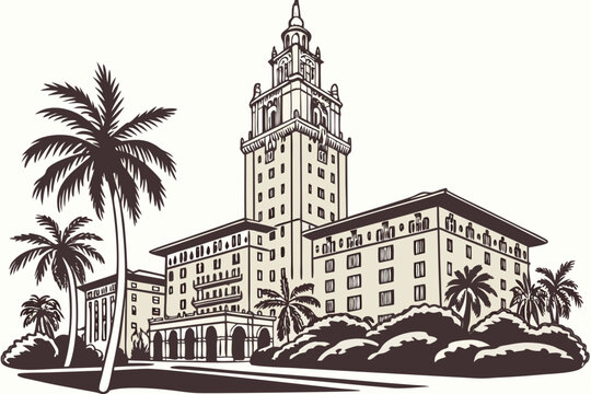 Biltmore Hotel in Coral Gables, Florida, Mediterranean Revival tower rising above palm trees