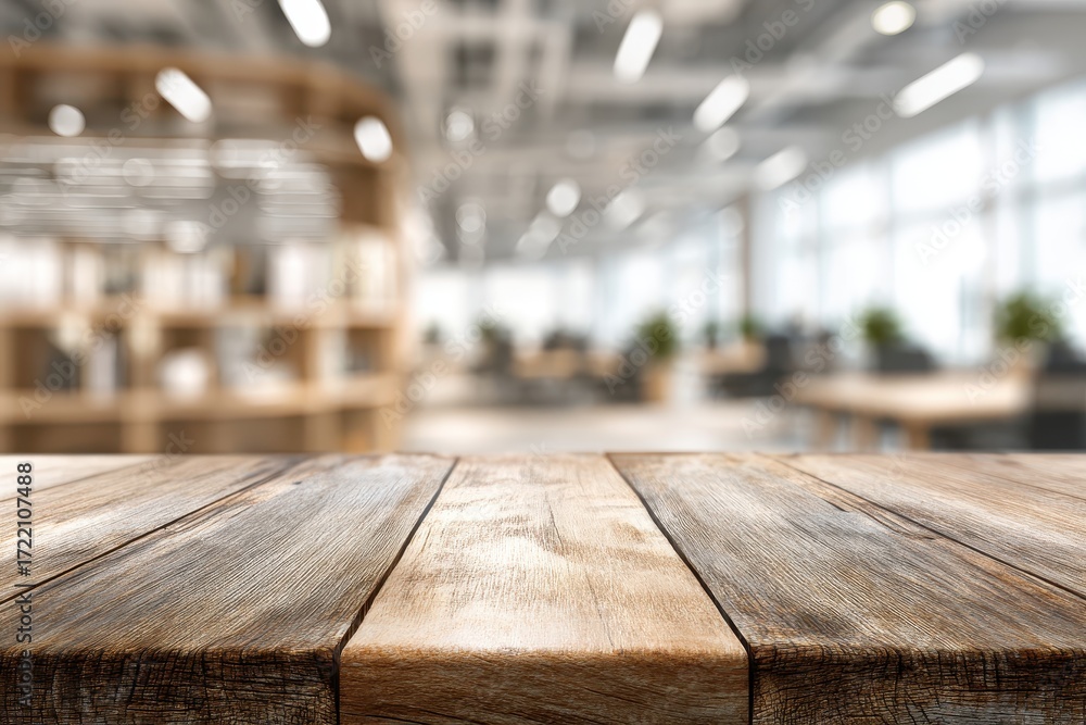 Poster wood table top offers a view of a blurred bokeh office interior with soft light illuminating workspa