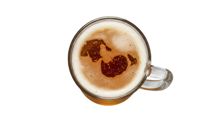 Foam head pint of light lager pilsner beer isolated on white background, Top view 