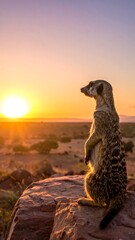 Meerkat watches sunset over desert landscape