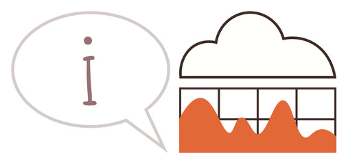 Speech bubble with information icon next to orange wave chart under cloud. Ideal for data analysis, cloud computing, statistics, information sharing, technology, storage, simple flat metaphor