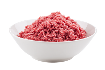 Raw Ground Beef in White Bowl, isolated on white transparent background