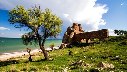 Coastal ruins, tree, grassy hill, blue sea, bright day