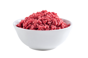 Raw Ground Meat in White Bowl, isolated on white transparent background.